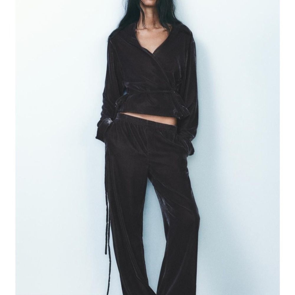 Zara Women's Velvet Wide‎ Leg Pants Brown Large